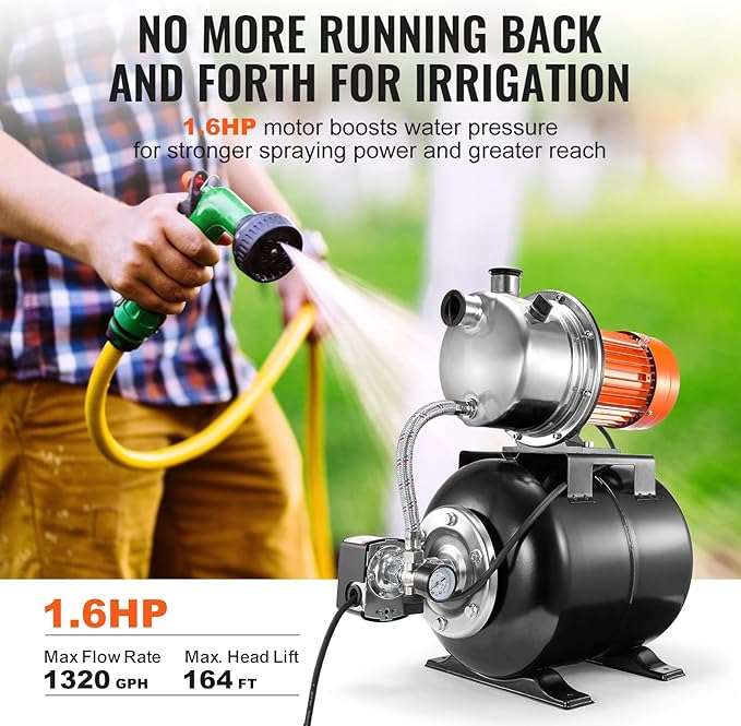 VEVOR 1.6 HP Shallow Well Pump With Pressure Tank, 1320 GPH, Automatic Irrigation Water Booster, 5-Gal Tank 30/50 PSI Switch, Stainless Steel Head for Home Garden Lawn