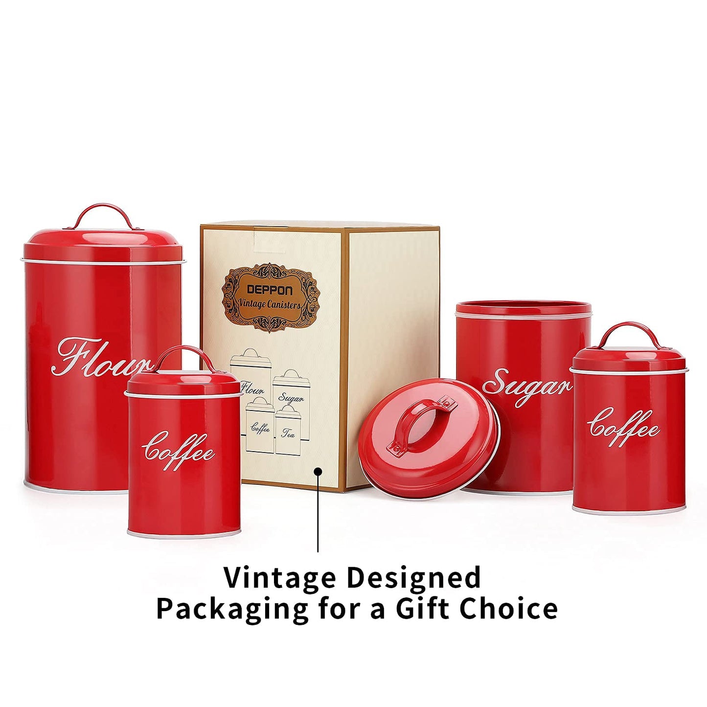 Deppon Canister Sets for Kitchen Counter, Flour and Coffee Containers, Vintage Farmhouse Design Food Storage Container with A Removable Lid, 4 Pack (Red)