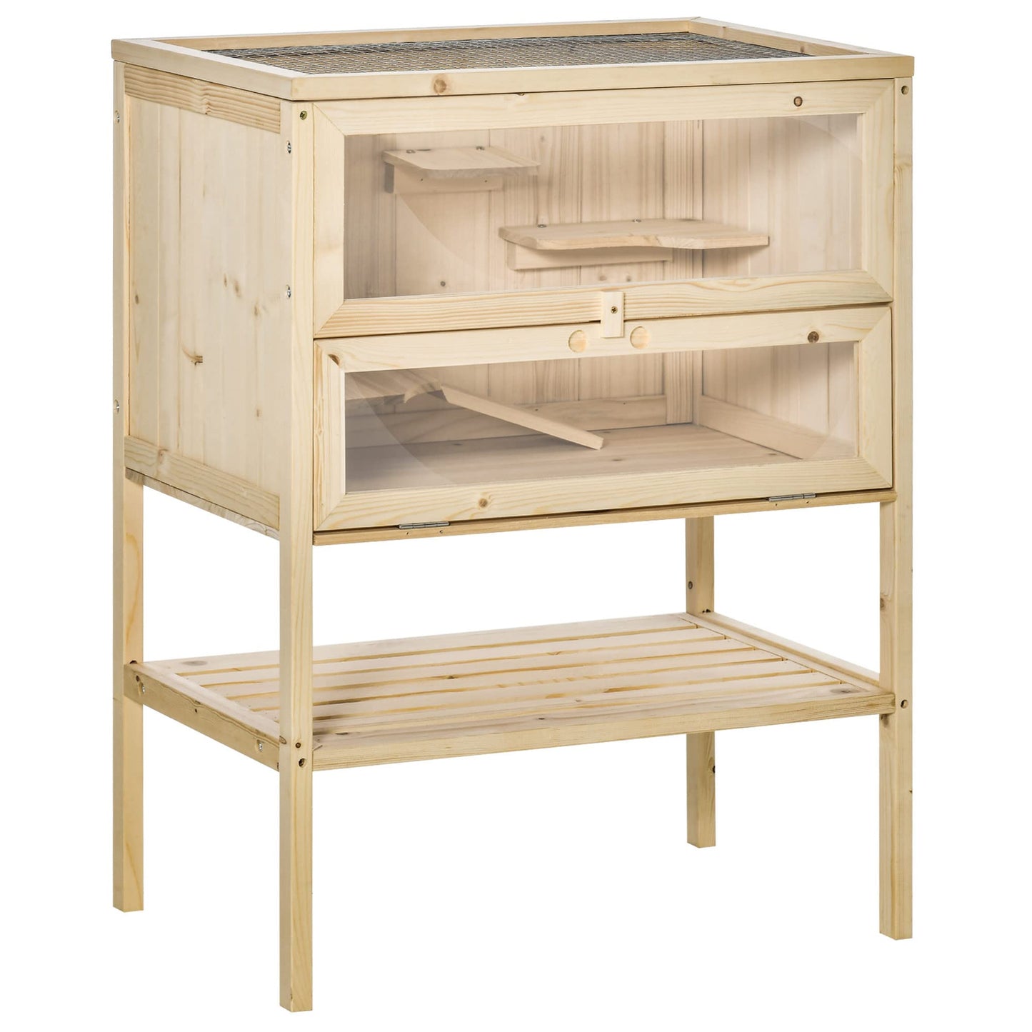 PawHut 3-Tier Wooden Hamster Cage Mice and Rat Cage Small Animals Hutch with Openable Top, Front Door, Storage Shelf, Natural Wood