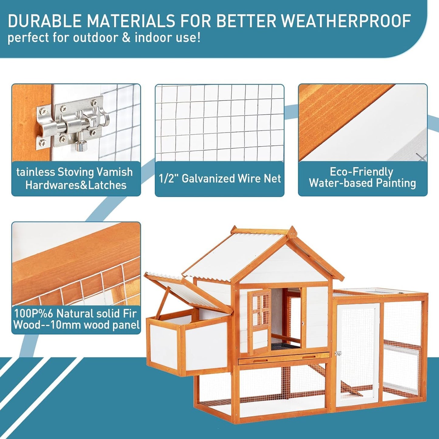 Chicken Coop Hen House, Large Walk in Wooden Chicken Duck Coop Accessories for 6/8/10 Chickens, Portable Outdoor Rabbit Hutch, Nesting Box with 5 Access Areas, Wire Fence