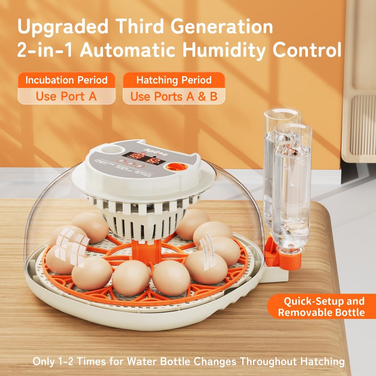 Egg Incubator with Temperature and Humidity Control, Automatic Egg Turner, Egg Candler, External Water Bottle Refill, Air Vent, 360° Clear View, Hatching Chicken Duck Quail Bird, APDOE HatchPro 12