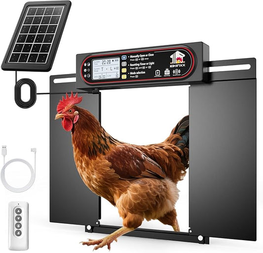 Automatic Chicken Coop Door with Horizontal Dual Opening, Remote & Manual Control, USB Backup, Predator-Proof Larger Opening Size House Door Solar Powered for Chicken, Duck and Poultry, Black