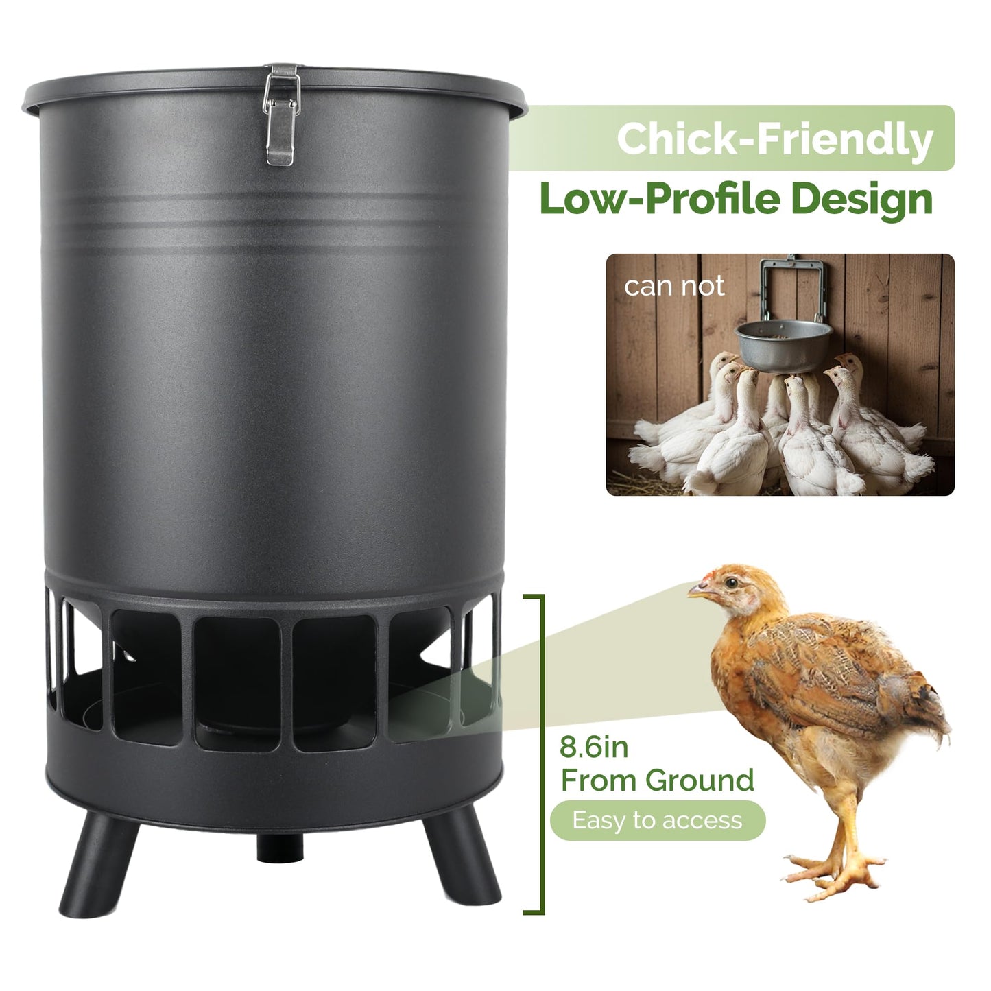 Solution4Patio 50LB No-Waste Chicken Feeder, Large Capacity Gravity Dispenser with Spill Control & 16 Feeding Ports Poultry Feeder for Outdoors & Hen Coop (Black)
