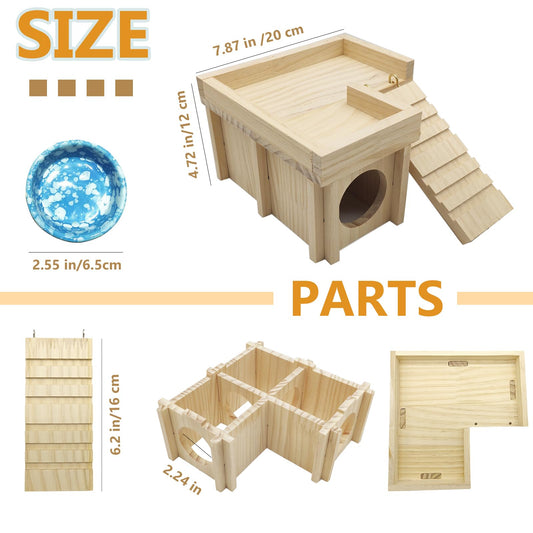 Wooden Hamster Hideout Hamster Wood House with Ladder Hides Platform Decor Detachable Small Animals Cage Accessories for Rat Gerbils and Other Small Pets