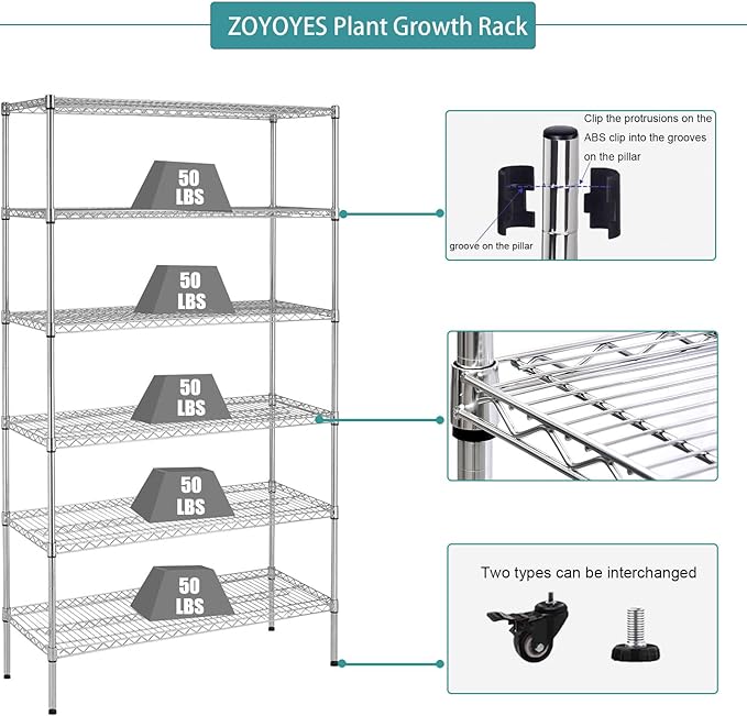 Plant Greenhouse 6-Tiered Heavy Duty Metal Growth Shelf with 5 Sets T8 Grow Light Rack Cover Thermometer Timer for Seedling Cultivation Reproduction Flowering,30" LX14 WX72 H