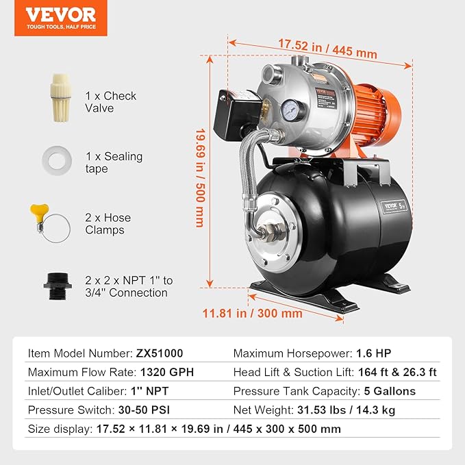 VEVOR 1.6 HP Shallow Well Pump with Pressure Tank, 1320 GPH, Automatic Irrigation Water Booster Pump with 30/50 PSI Pressure Switch for Home Garden Lawn, Certification for Drinking Water Security