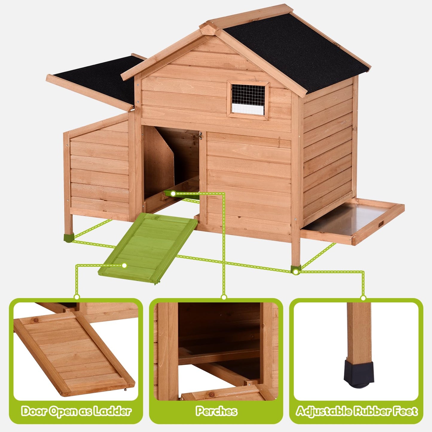 Narkula Outdoor Chicken Coop, Duck House with Nesting Box/Pull Out Tray/Secure Doors, Wooden Small Chicken Cage Weatherproof/Ventilation, 42.91" x 38.58" x 28.74", Brown