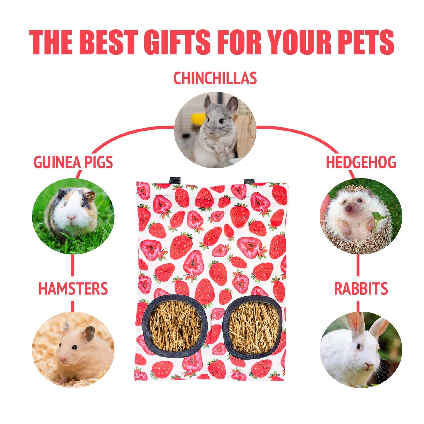 3Pcs Rabbit Hay Feeder Bags,Hanging Guinea Pig Hay Bags,Washable Bunny Hay Bags with 2 Holes for Rabbits Chinchillas Hamsters and Other Small Pets