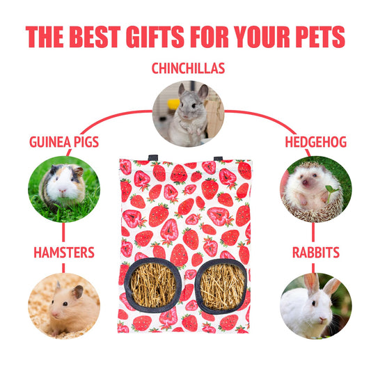 3Pcs Rabbit Hay Feeder Bags,Hanging Guinea Pig Hay Bags,Washable Bunny Hay Bags with 2 Holes for Rabbits Chinchillas Hamsters and Other Small Pets