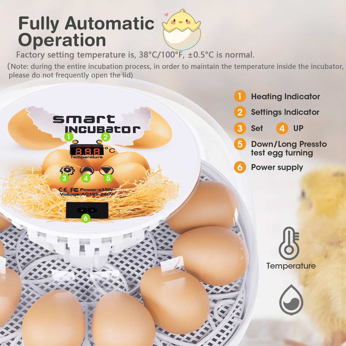 Incubators for Hatching Eggs, 12 Egg Incubator with Automatic Turning and Temperature Control, Automatic Water Adding, LED Egg Candler, for Hatching Chickens, Duck, Quail, Goose Eggs