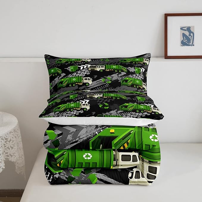 Garbage Truck Full Size Comforter Set,Hippie Tire Print Bedding Sets Youth Teens,Powered Waste Management Brushed Microfiber Soft Bedding Comforter