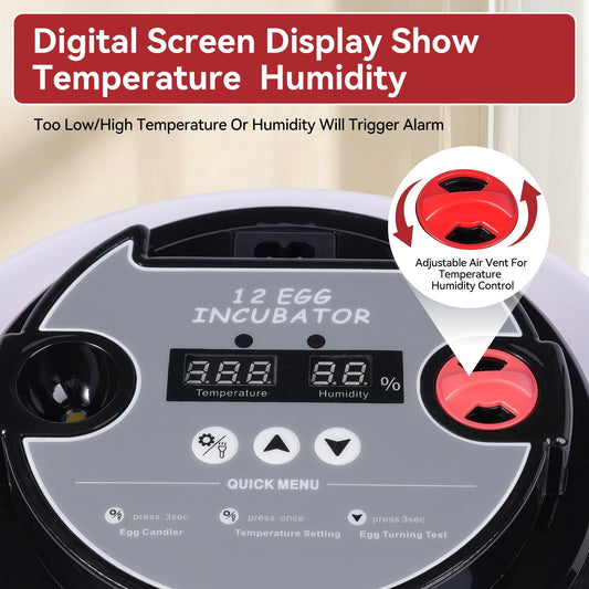 Humorrap 12 Egg Incubators with Temperature and Humidity Control Automatic Eggs Turner Egg Candler for Hatching Chicken