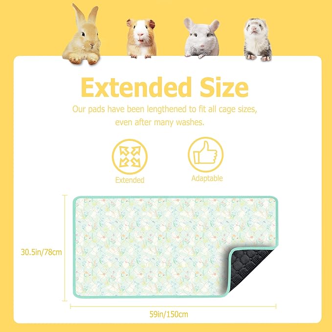 Guinea Pig Cage Liners, 59x31in 2 Pack Washable Guinea Pig Bedding, Waterproof Reusable & Anti Slip, Super Absorbent Guinea Pig Pee Pad for Small Animal, Rabbit, Bunny, Fit for C&C Cage, Green