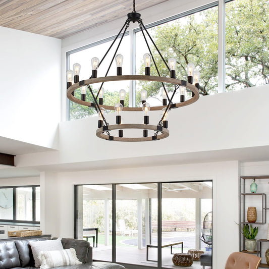 brfaixla 2-Tiers Wagon Wheel Chandelier Wooden Farmhouse 24-Light(16+8) 43.34'' Cream Colored, Black Metal Pendant Chandeliers 2 Story Rustic Light Fixtures Industrial for High Ceiling Living Foyer