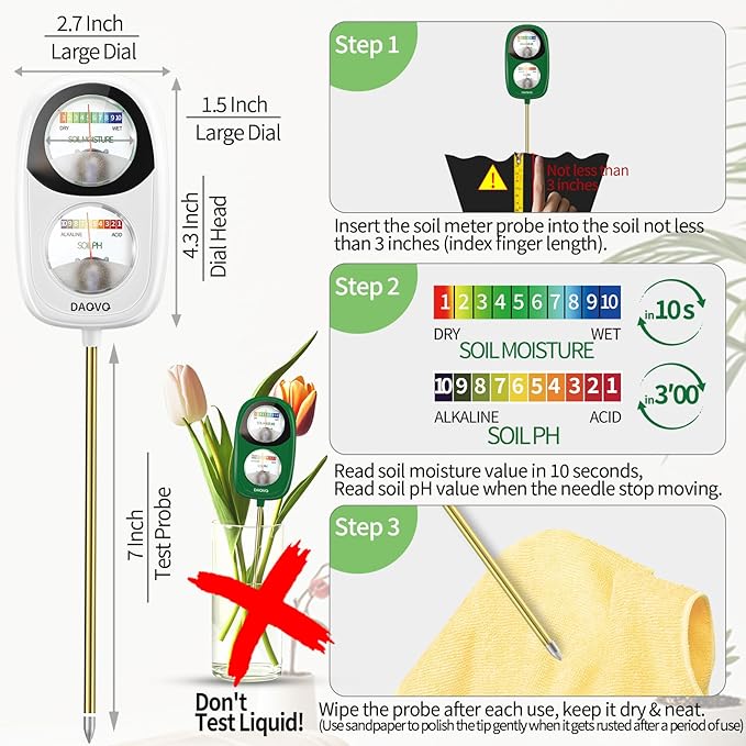 2-in-1 Soil Moisture Meter, Soil PH Meter, Large Dual-Screen Soil PH Tester & Moisture Meter for Plants Indoor&Outdoor Garden,Lawn,Farm Soil Test Kit-No Battery Needed-Ivory White