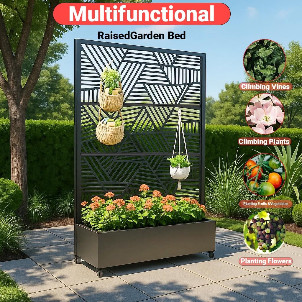 Metal Privacy Screen with Wheels – Galvanized Steel Garden Trellis & Planter Box for Climbing Plants/Vines– Galvanized Raised Garden Bed for Patio, Yard, Balcony
