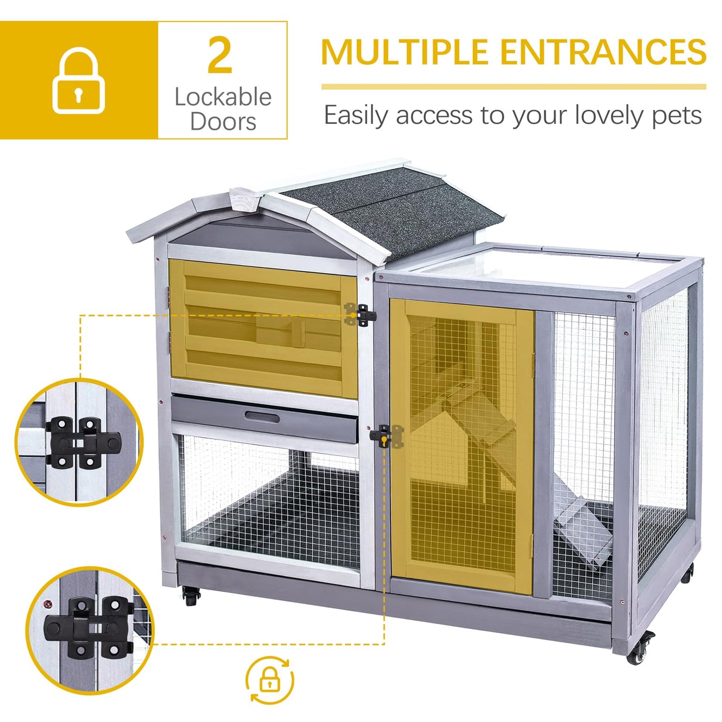 GEGURI Rabbit Hutch Indoor Rabbit Cage Outdoor, Wooden Bunny Cages for Guinea Pig with Wheels, Removable Tray, Ramp