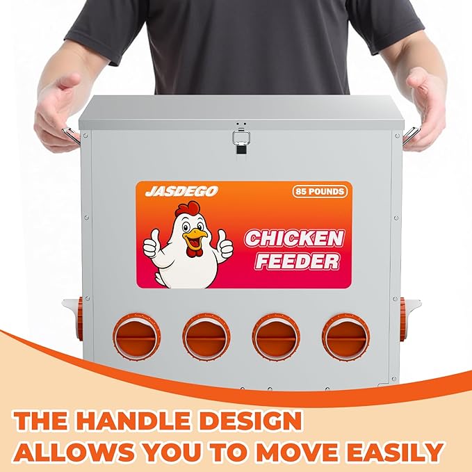 6 Ports Automatic Chicken Feeder 85 Pounds Large Gravity Fed Chicken Feeder with Latch & Handle for Chickens Bantams Pheasants Poultry Coop Weatherproof