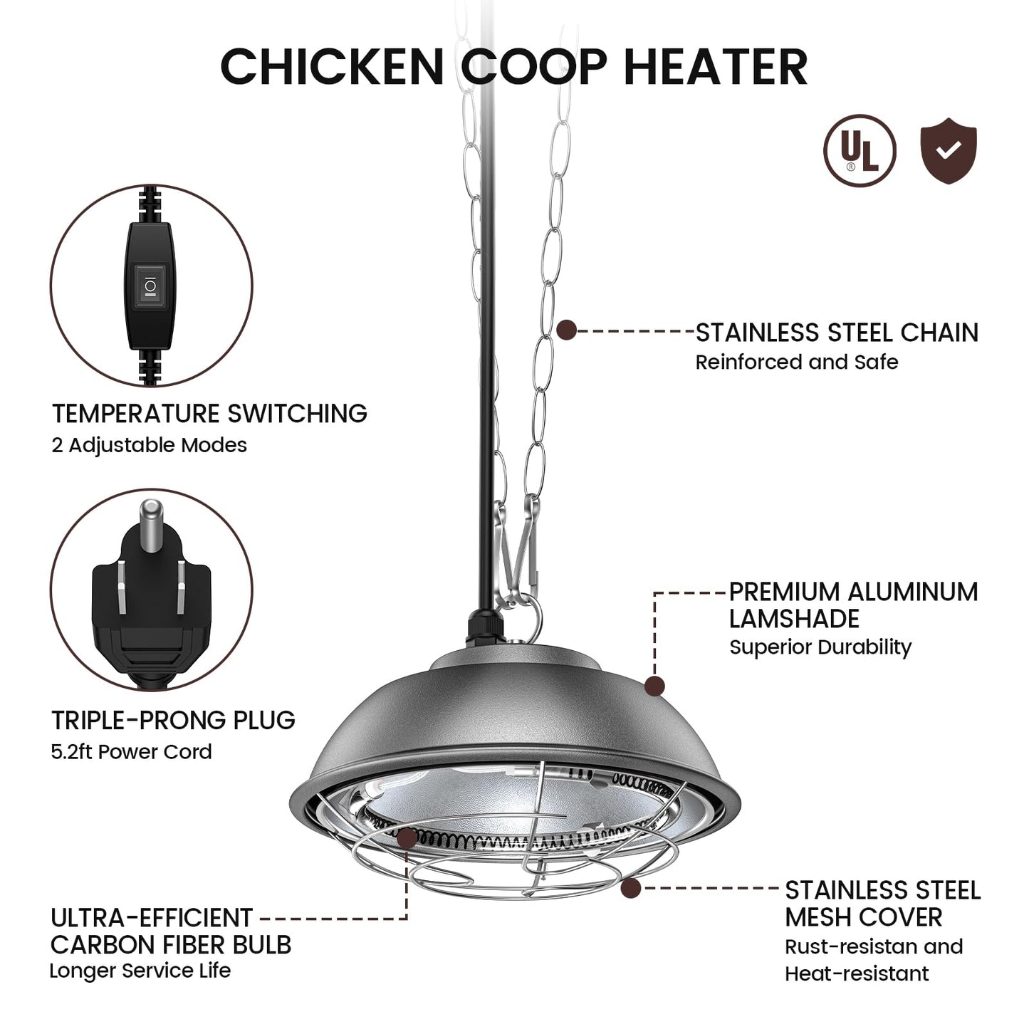 350 Watt Heat Lamp for Chickens - Chtoocy Chicken Coop Heater with Carbon Fiber Bulb, UL Passed Heating Plate & Chicken Heat Lamp with 2 Temperature Adjustable (175/350W) for Chicks, Ducks and Pets