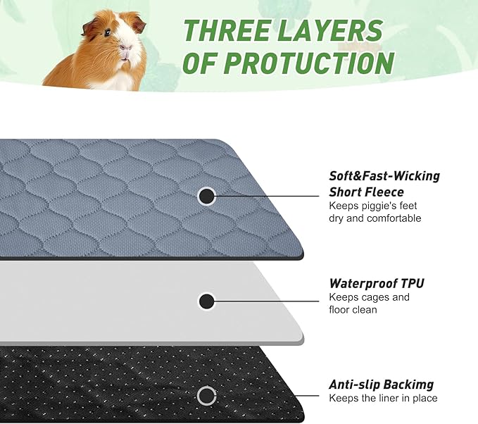 Guinea Pig Cage Liners, 2 Pack 24'' X 60'' Washable Guinea Pig Pee Pads, Non Slip Reusable Super Absorbent Guinea Pig Training Mat Bedding Fleece for Small Animals Hamster Rabbit Chinchilla Rat