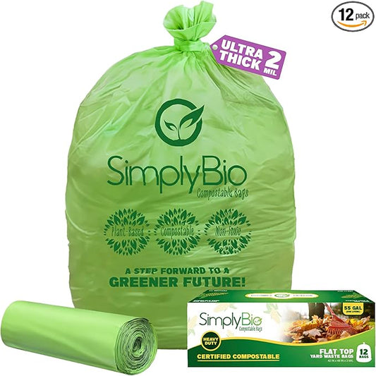 Simply Bio 50-55 Gallon Compostable Trash Bags Liners Flat-Top, Heavy Duty Extra Thick 2 Mil, 208.2 Liter, 12 Bags, Lawn, Yard, and Restaurant Use, ASTM D6400, US BPI, OK Compost Home Certified