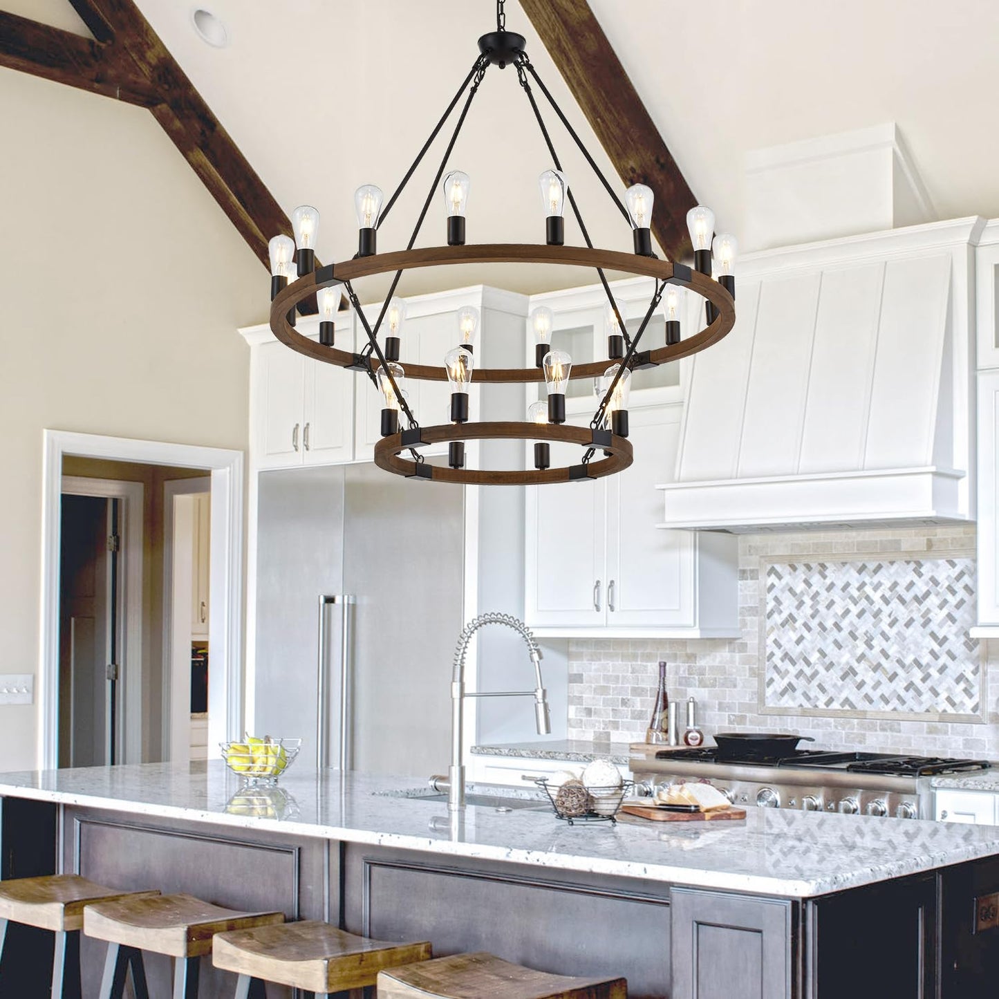 brfaixla 2 Tiers Wagon Wheel Chandelier Wooden Farmhouse 24-Light(16+8) 43.34’’ Brown, Black Metal Chandeliers 2-Story Rustic Light Fixtures Industrial for High Ceiling Living Dining Room Foyer
