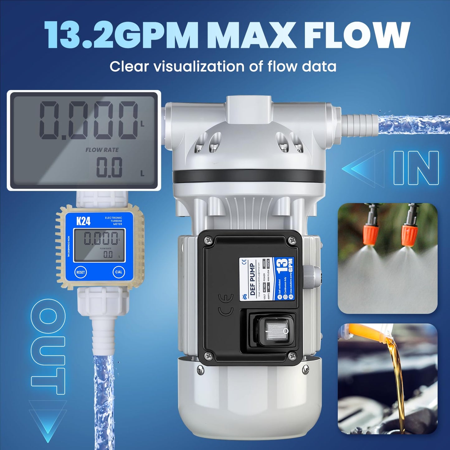 Mxmoonant DEF Transfer Pump Kit, 13.2GPM Diesel Exhaust Fluid Diaphragm Self Priming Electric Water Pump kit for DEF Nozzle, EDPM Hose, Flow Meter (110V US Plug)