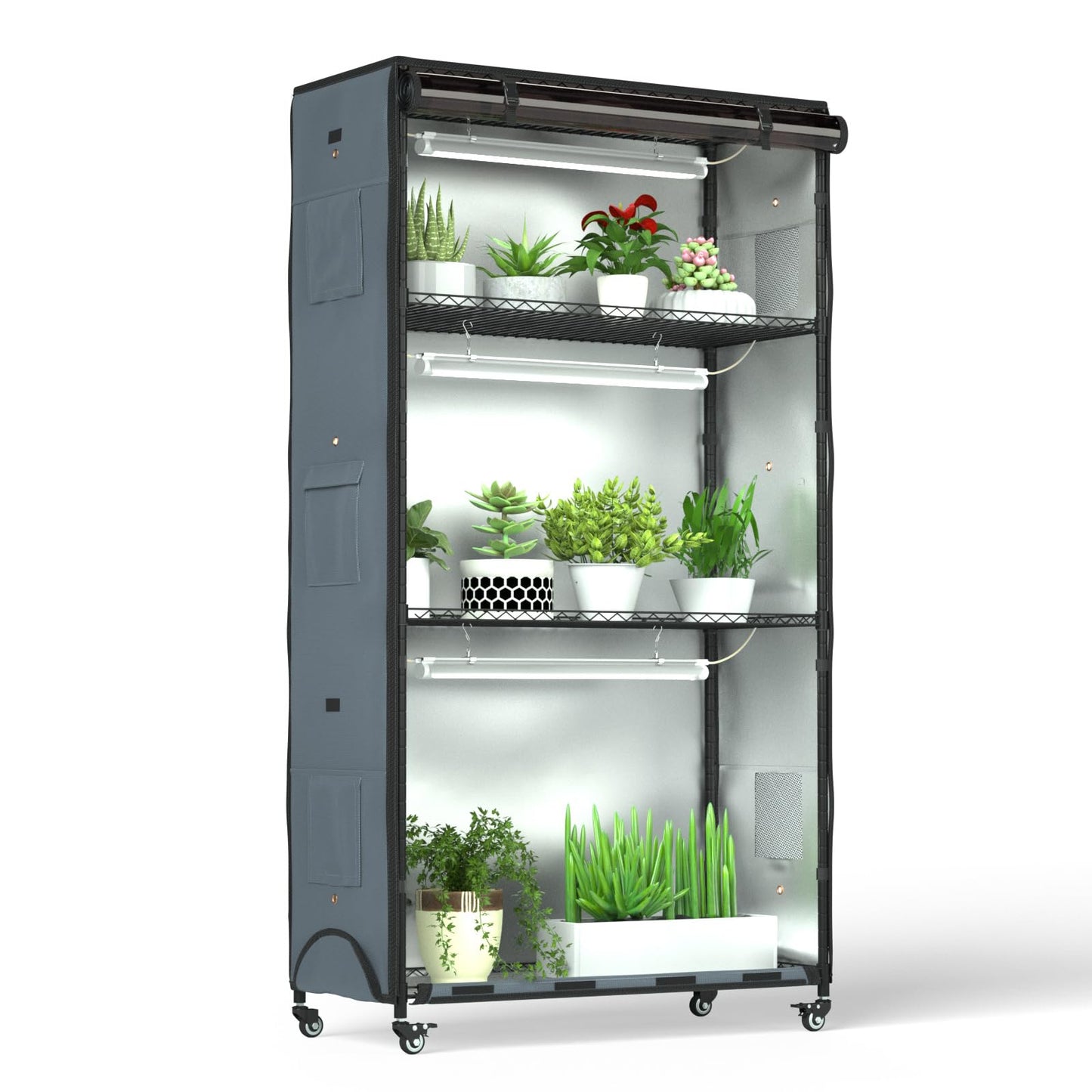 Zuwachs Indoor Greenhouse with Grow Lights, Plant Shelf, Black Tea PVC Cover - All-Weather Protection, 2 Tool Pockets, Zippered for Indoor Garden Kit, for Flowers Vegetables (36" L × 14" W × 63" H)