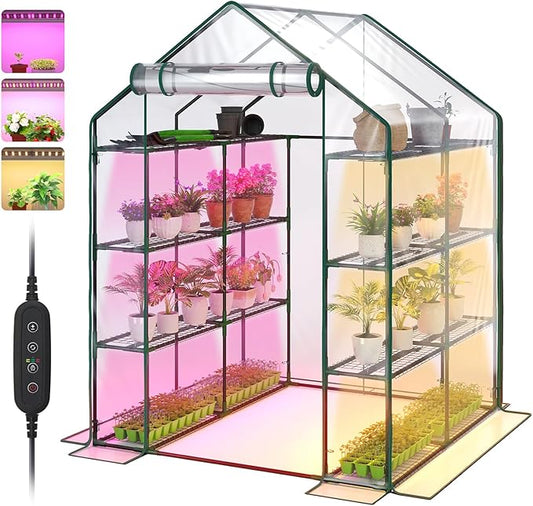 Bstrip Walk In Greenhouse, Indoor Greenhouse with Grow Lights, Mini Indoor Greenhouse with Roll-Up Zipper Entry Door and PVC Cover, Dimmable 2FT 120W Plant Light with Timer (56.3"W X 56.3"L X 76.8"H )