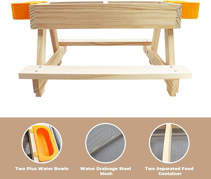 Chicken Coop Accessories, Chicken Picnic Table Feeder, Wooden Picnic Table with Water Bowls, No Waste Feeder for Hens, Ducks, Turkeys, Geese, and Other Poultry