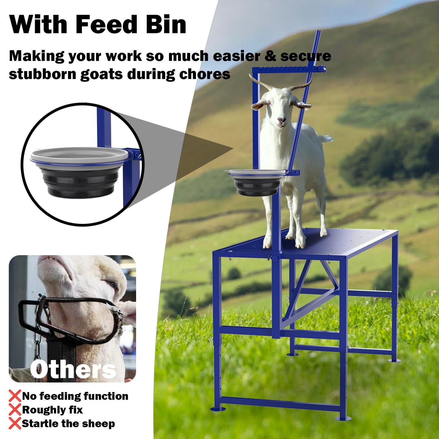 Larrik Goat Milking Stand with Feeder, Goat Stand for Trimming Hooves, with Adjustable Head Piece and Legs, Metal Blue Use for Livestock，400 Lbs for Small Sheep and Goat