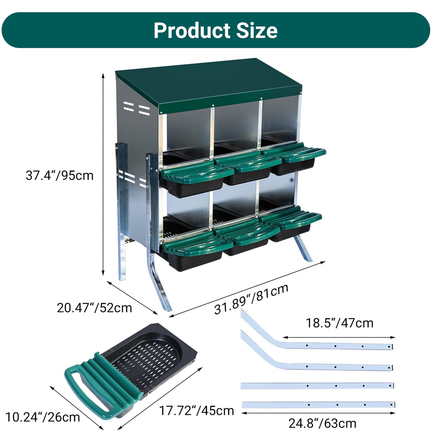 Chicken Nesting Boxes, 6-Hole Roll Away Nest Box with Removable Lid, 2 Layer Hen Nest Boxes for Chickens, Metal Egg Laying Box for Chicken Coops, Duck Coops and Hens Green,with Stand
