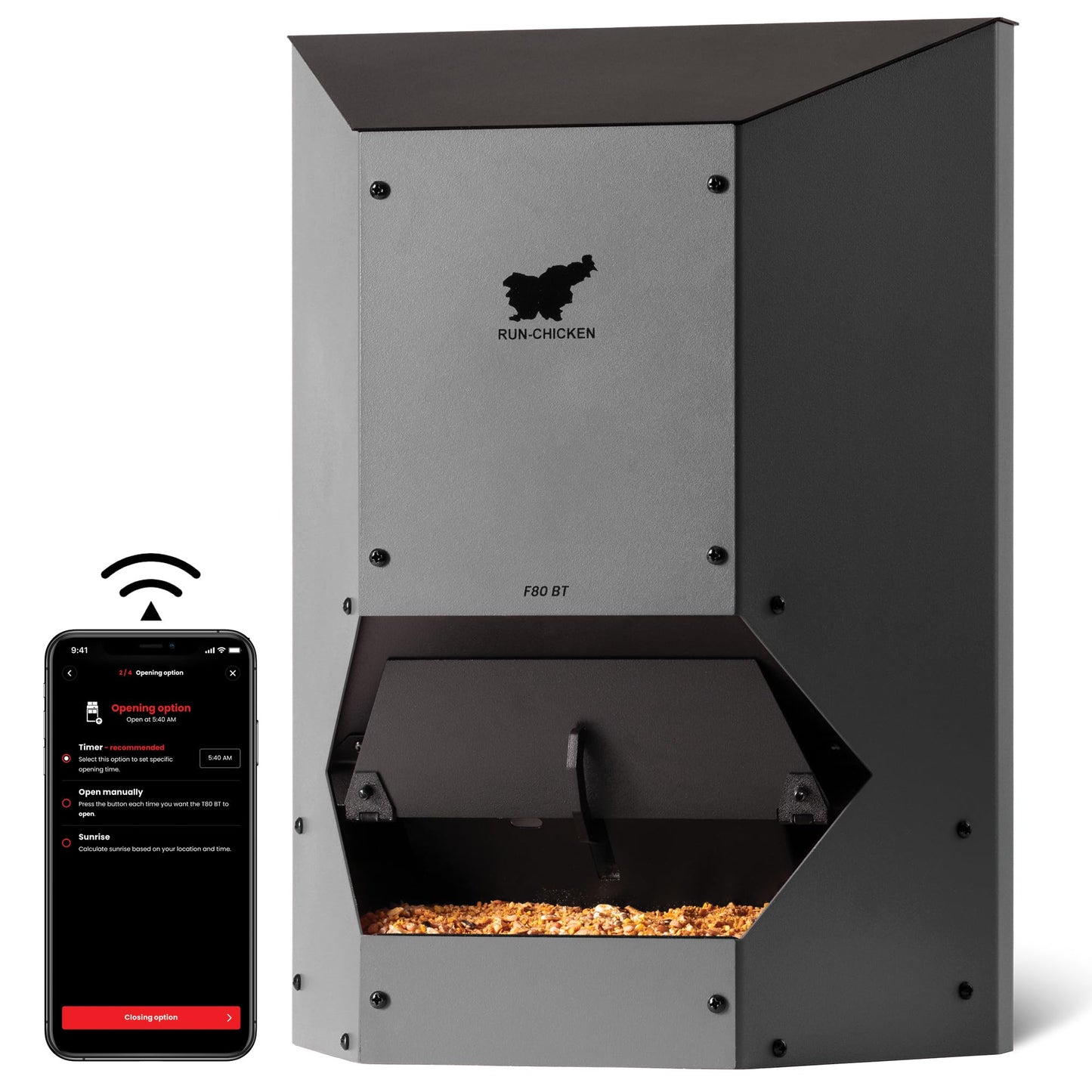 RUN-CHICKEN Feeder (Gray) Automatic Chicken Feeder, Battery Operated, Programmable Safety Hatch with Timer,19.8 lbs Feed Supply, Pest Proof, Chicken Coop Accessories, Model F80