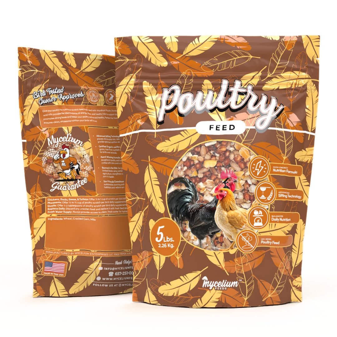 Mycelium Poultry Feed (5 LB Bag) | Organic 3-Grain Scratch for Chickens, Hens, Ducks & Backyard Flocks | High-Energy Daily Nutrition | Cracked Corn, Wheat & Milo | Non-GMO, Made in USA