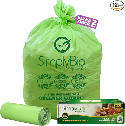 Simply Bio 60-65 Gallon Compostable Trash Bags Liners Flat-Top, Heavy Duty Extra Thick 2 Mil, 242.27 Liter, 12 Bags, Lawn, Yard, and Restaurant Use, ASTM D6400, US BPI, OK Compost Home Certified