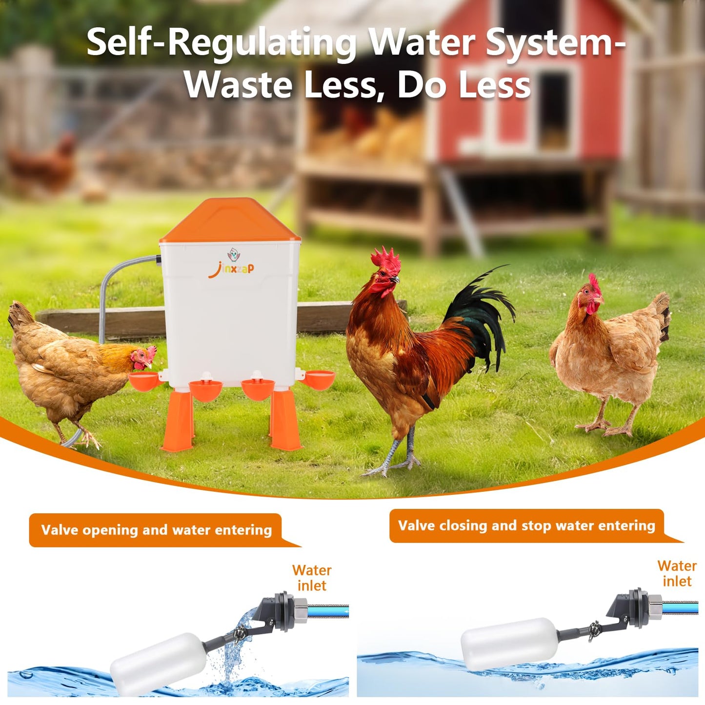 JinxZap 3 Gal Automatic Chicken Waterer with Float Valve, Automatic Chicken Watering System with 60-Inch Hose (One End 3/4''), Large Waterer for Chicken Duck Quail Turkey