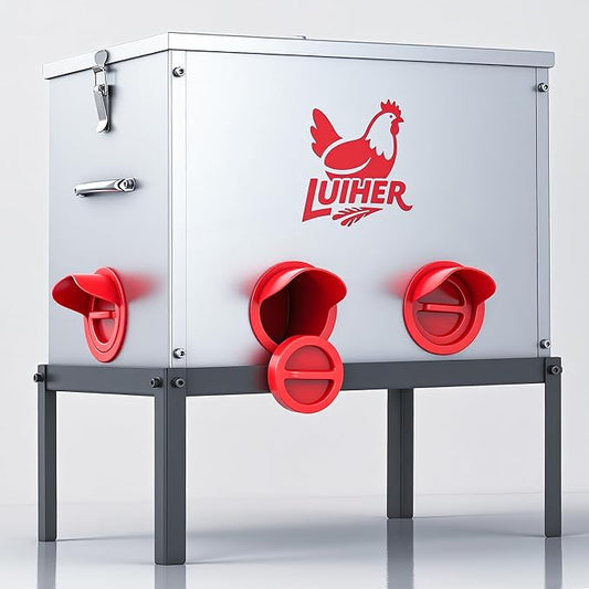 LUIHER Chicken Feeder - 40lb 6 Ports Large Capacity Galvanized Metal Poultry Feeder with Legs and Lids - Reduces Refilling Frequency - No Waste Chicken Feeding Equipment for Hen Coop
