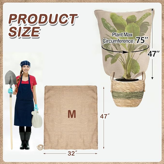 Winter Burlap Plant Cover Bag, Large Burlap Bags with Drawstring, Reusable Jute Sack,Frost Cloth Cold Freeze Protection Cover Bags Tree Freeze Blanket for Outdoor Plants, Shrubs, Bushes(32x47")