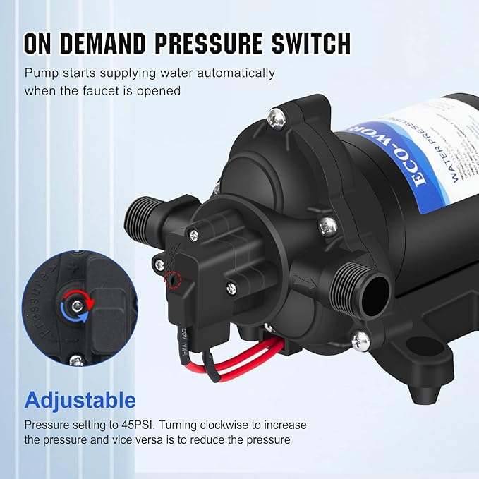 ECO-WORTHY RV Fresh Water Pump 12V DC 3.5GPM 45PSI with Pressure Switch, 12Volt Self Priming Water Pressure Diaphragm Pump On demand for RV Yacht Camper Sprayer Food Truck Black