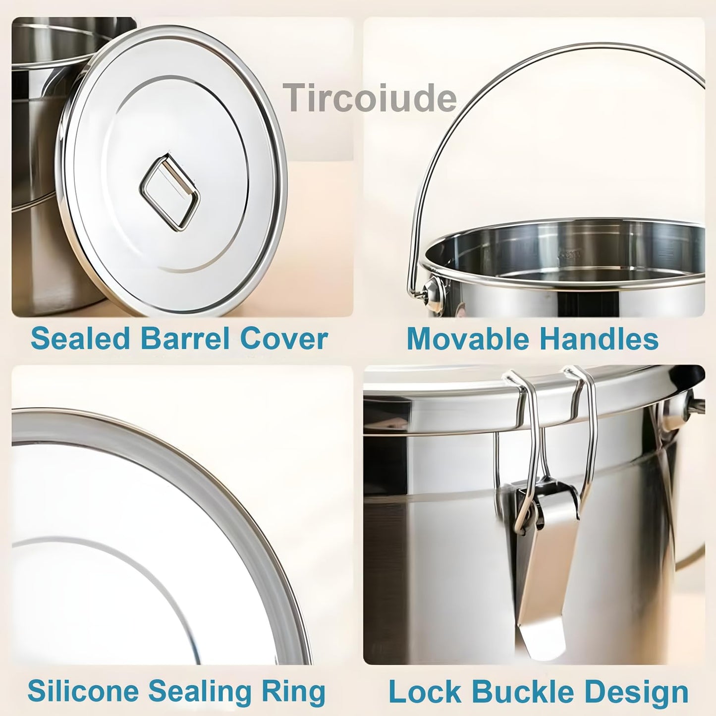 Tircoiude 304 Stainless Steel Kitchen Airtight Canister, 12L 3.1 gal Rice Oil Food Storage Bucket Transport Can with andles Airtight Lid for Rice Flour Grain Coffee Bean Pail Container