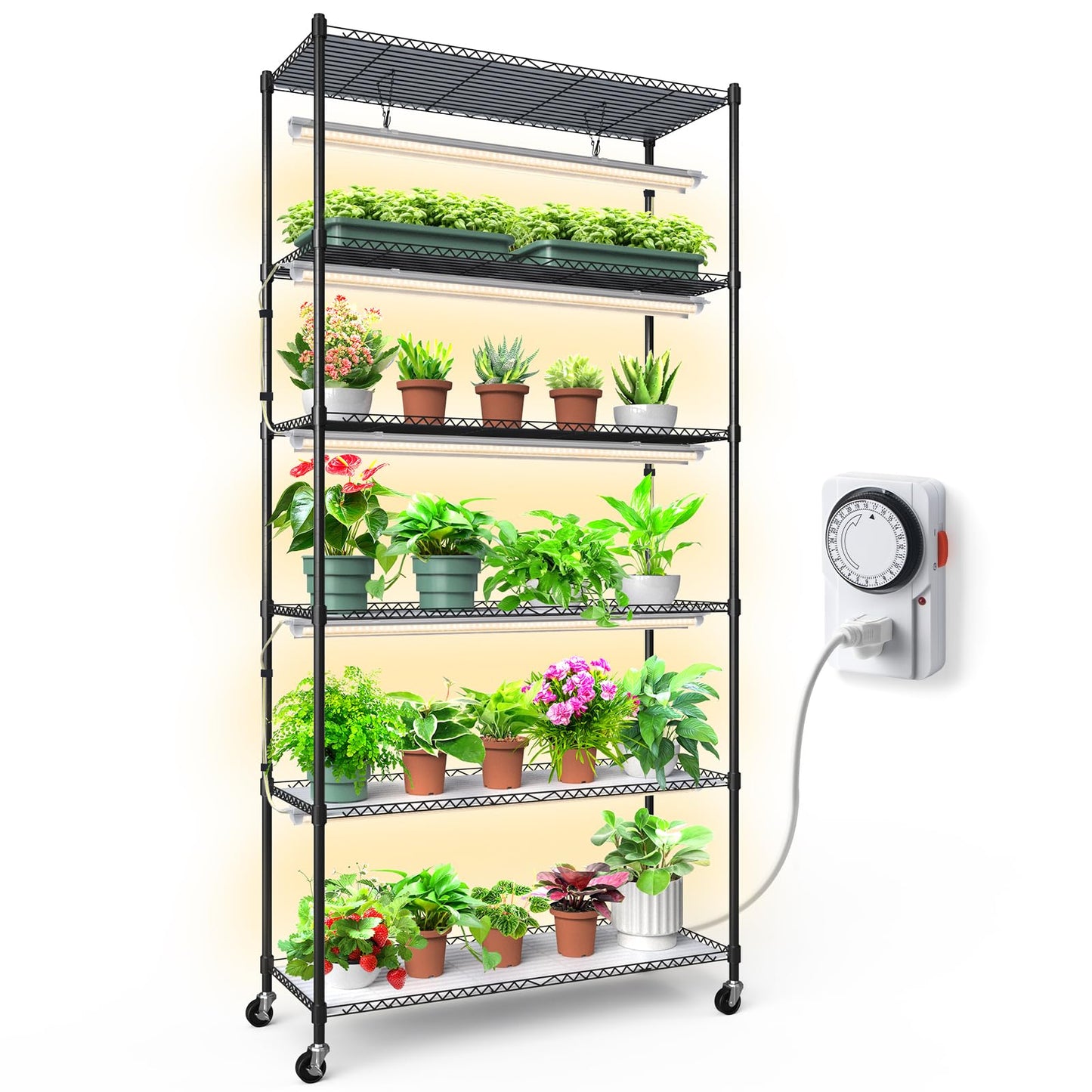 Barrina CX6 Plant Stand with Grow Lights, 3FT T8 30W(Per Light) Full Spectrum Yellow LED Plant Lights, Indoor Plant Shelf for Multiple Plants with On/Off Timer Socket, 6-Tier 35.4"x13.8"x70.9"