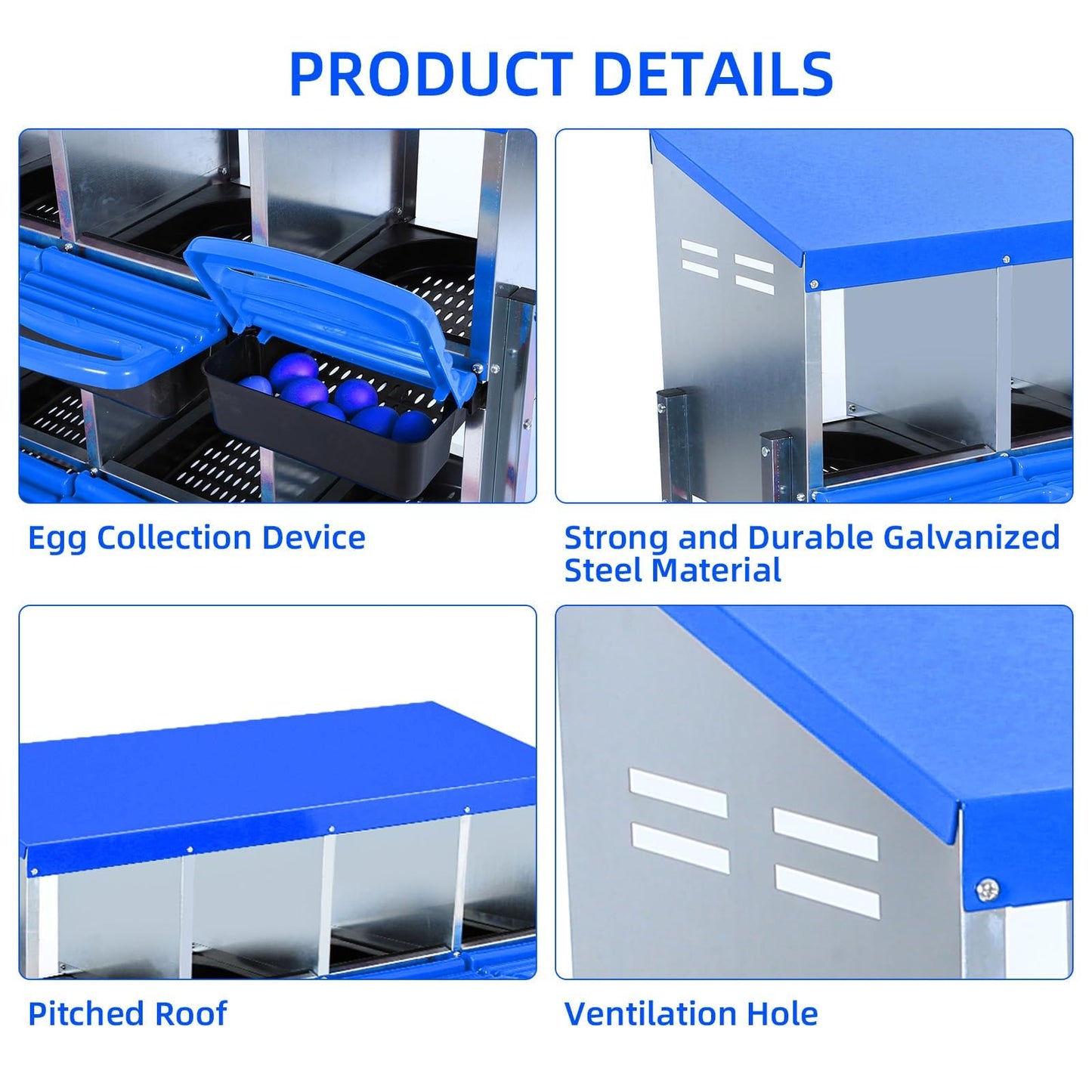 Chicken Nesting Boxes, 10 Hole Metal Chicken Laying Box with with Removable Trays and Roll Out Egg Collection for Chicken Coop, with Metal Bracket, Blue