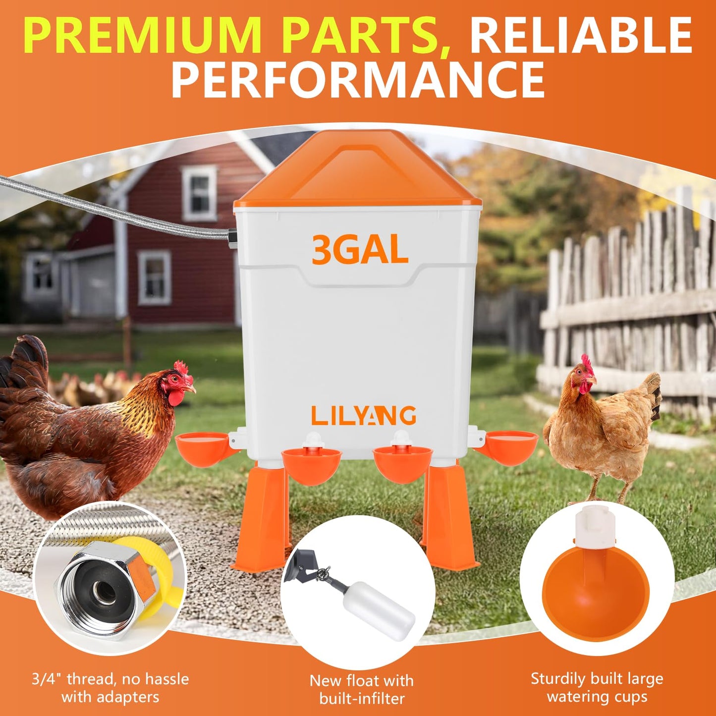 Lilyang Automatic Chicken Waterer 3 Gallon | Float-Control Poultry Waterer, Hanging/Standing Design, Connect to 3/4'' Faucet & Hose, Effortless Hydration Solution for Backyard Coop & Small Farm
