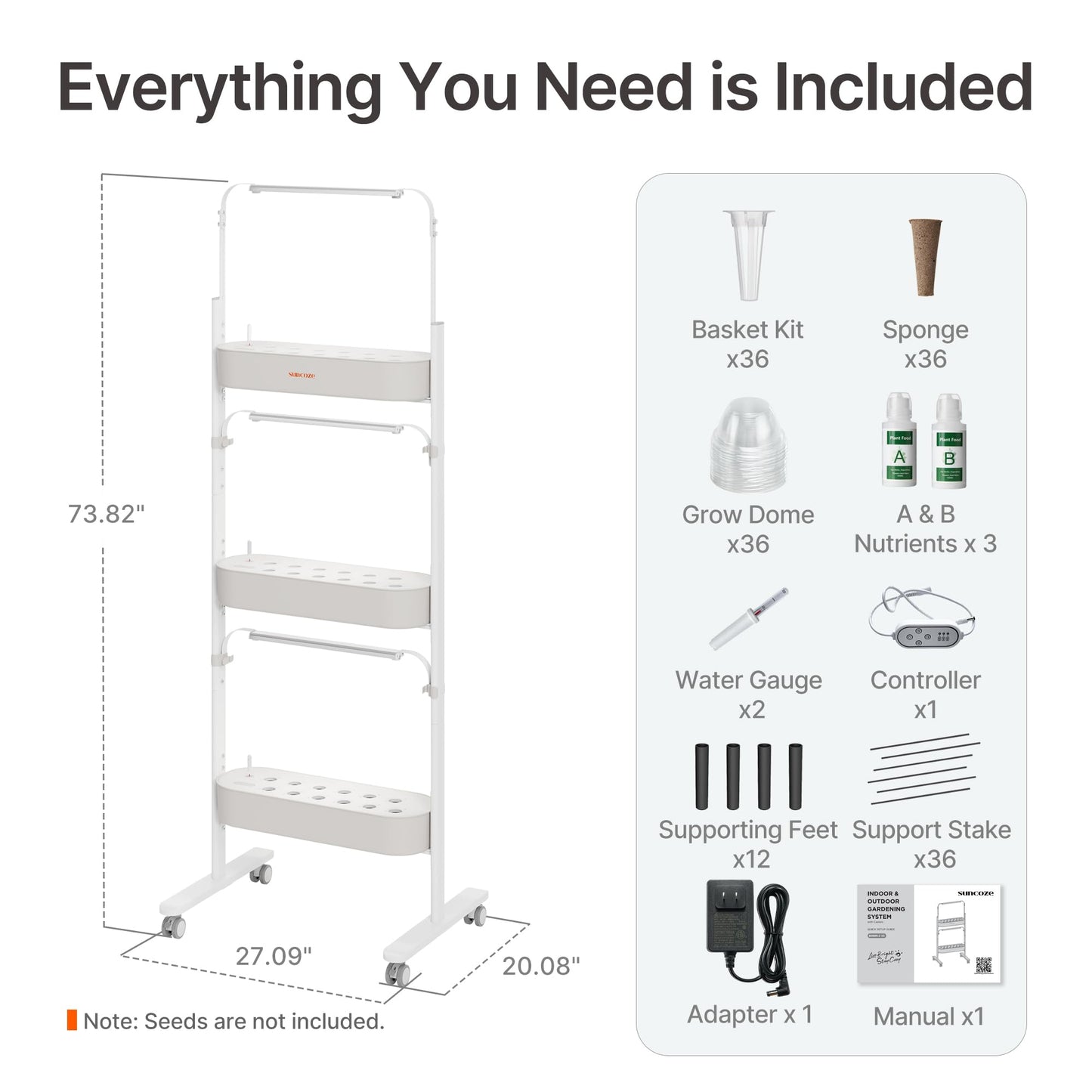 SUNCOZE 3-Tier Hydroponics Growing System Kit with 36 Pods – Full Spectrum Grow Lights, Hydroponic System Equipped with Smart Controller, Indoor Herb Garden Kit for Vegetables, Herbs, Fruits&Flowers