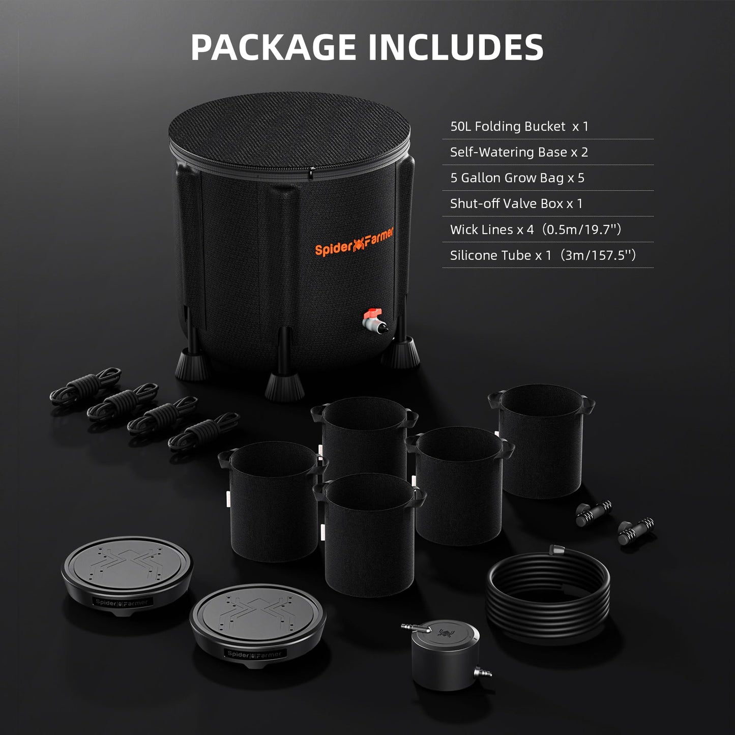 Spider Farmer 2025 Newest Gravity-Fed Self-Watering System No Power Needed, 4-Pack Auto Watering System with 13 Gallon Reservoir, 4Pcs Water Delivery Fabric Pot Base for Indoor Plants, Grow Tents