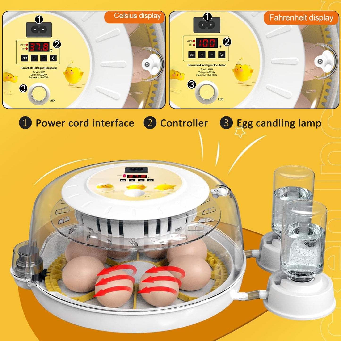 DEZHXHE 8 Egg Incubators for Hatching Eggs, Automatic Egg Turner and Egg Candle Tester, 360 Degree View, Farm Poultry Egg Incubators for Chicken Duck Goose Quails Eggs