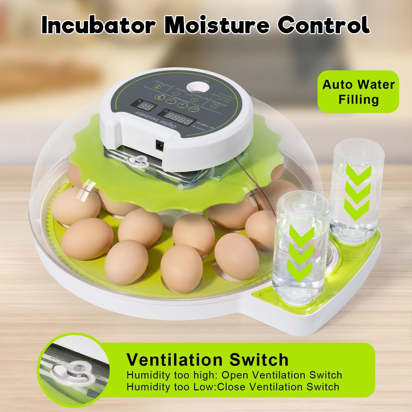 18 Egg Incubator with Automatic Turning & Humidity Control, ±0.1℃ Precision for Chicken/Duck/Goose/Quail/Parrot Eggs(Green)