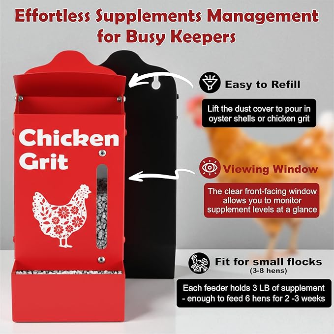 Chicken Coop Accessories Oyster Shell Feeder & Chicken Grit Feeder Set, No-Waste All‑Weather Thick‑Wall Design, Lift-Off Wall-Mounted Gravity Dispenser w/Rain Lid, Chickens Gifts for Chickens Lovers