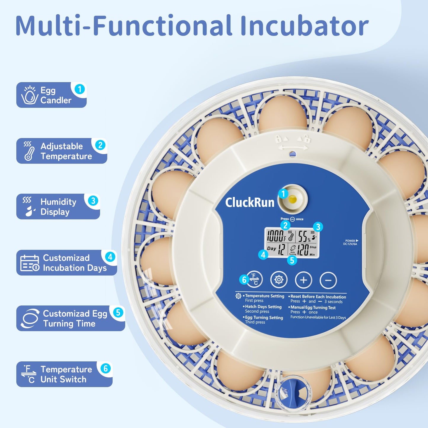 18 Egg Incubator, Hatch Day and Humidity Display, Automatic Turning and Stop, 2 Size Egg Trays, Candling Light, Automatic Water Refill, Air Vent, Hatching Chicken Quail Duck Turkey Goose Birds