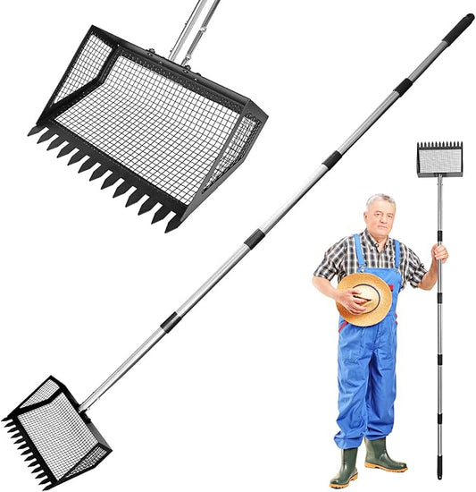 Chicken Poop Scooper for Sand, 75.2" Extra Long Chicken Coop Rake, Stainless Steel Handle Adjustable Coop Accessories 2-in-1 with 10" Large Metal Shovel Head for Poultry Dog Cat Litter